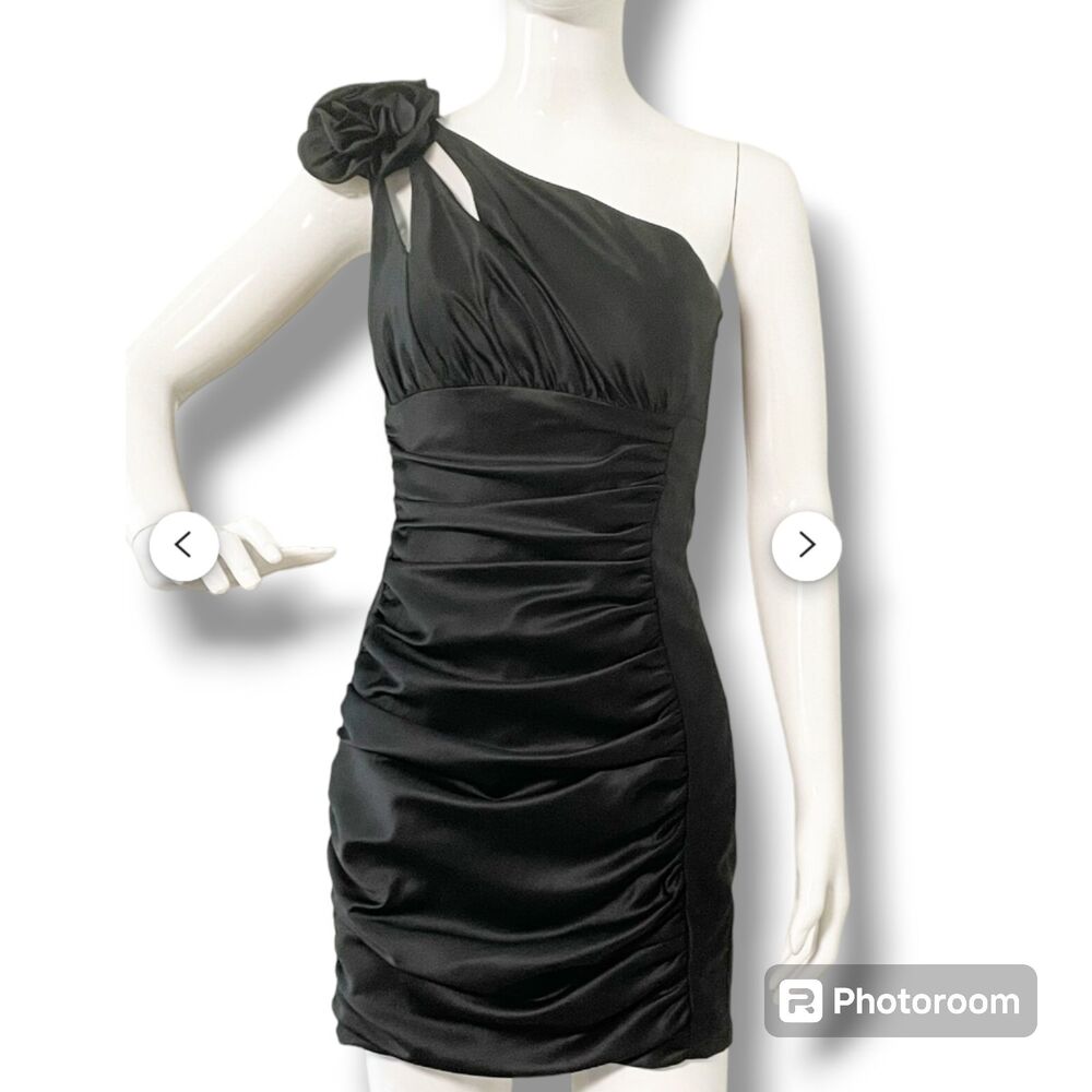 Vtg Jessica McClintock II One Shoulder Cocktail Dress-Size9-3D Flower-Ruching